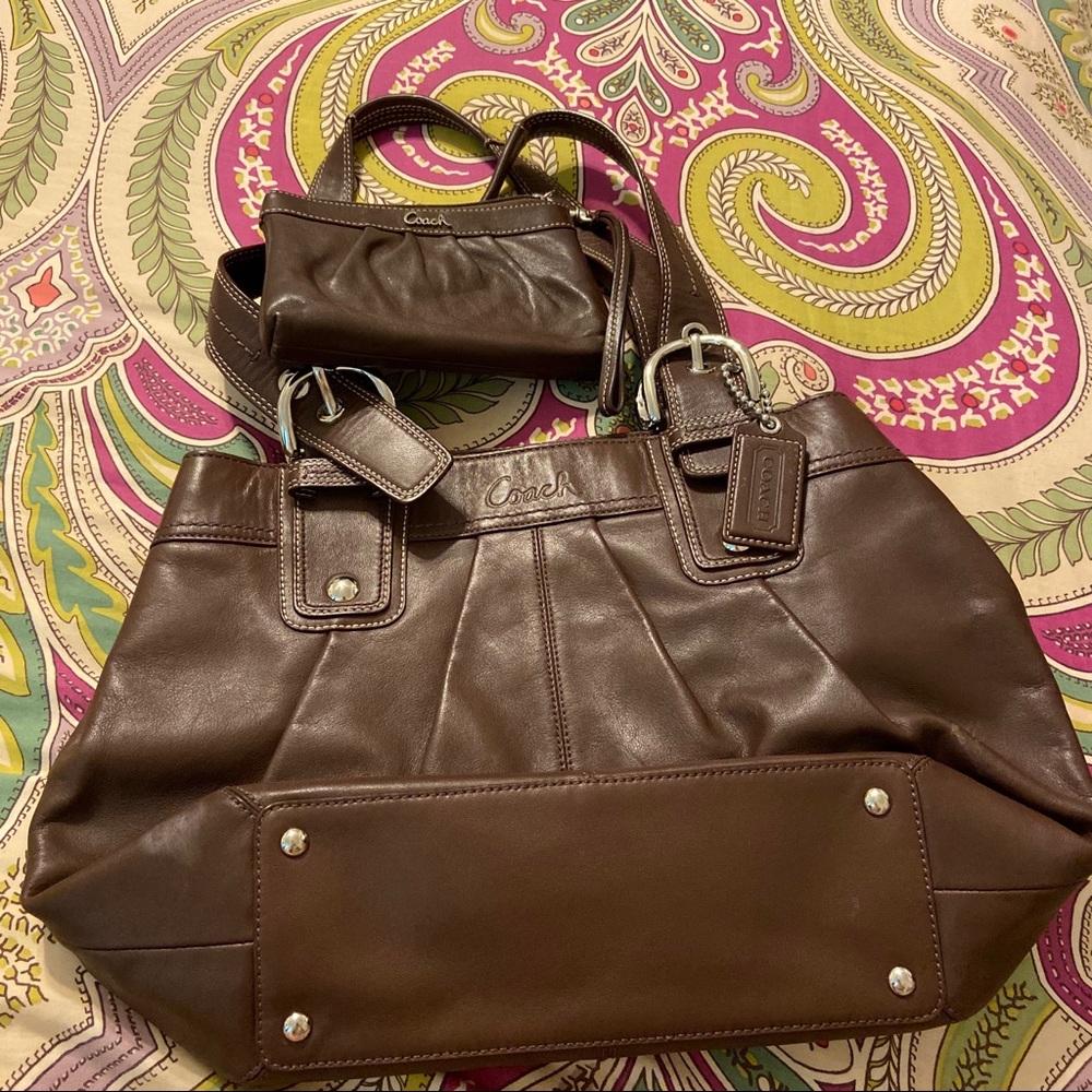 Coach brown leather tote and wristlet